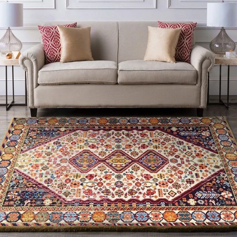 Persian Living Room Rug Multi Colored Geometric Carpet Polyester Pet Friendly Stain Resistant Anti-Slip Backing Rug with Braided Trim