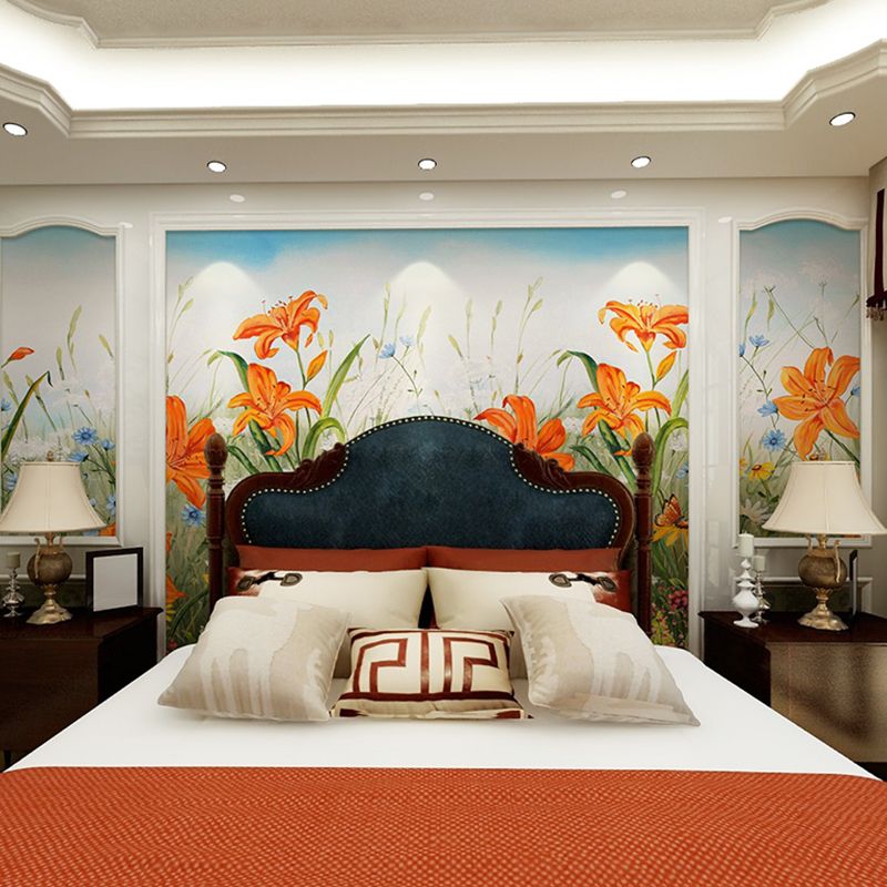 Giant Illustration Fresh Mural Wallpaper for Gallery with Floral Design in Orange and Blue