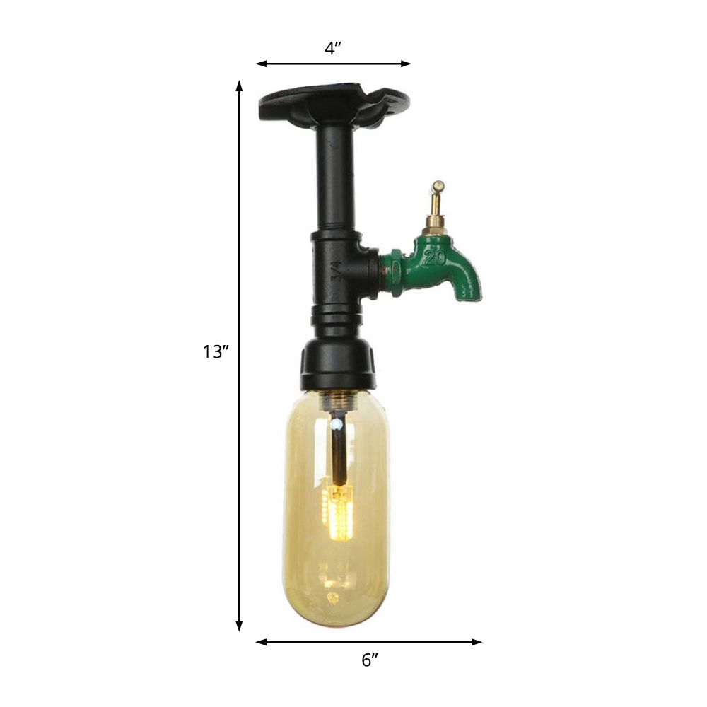 1 Light Capsuled Shade Semi Flush Light Industrial Black Amber Glass Ceiling Mount with Pipe Design