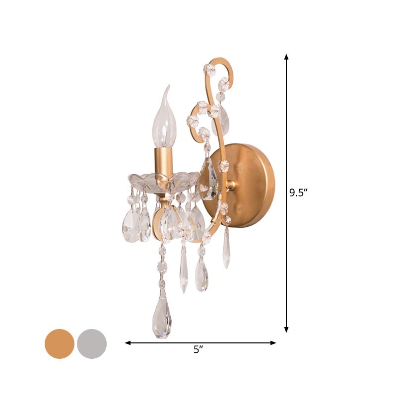 Kaarsenstijl metalen sconce licht rustiek 1 lichte woonkamer muurverlichting in zilver/goud met kristaldruppel