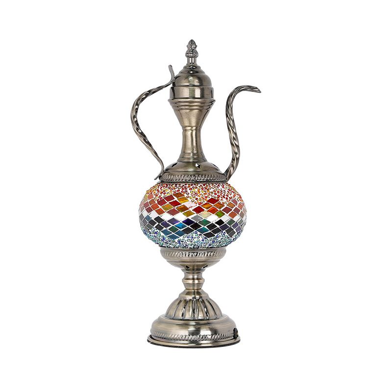 Vintage Teapot Shaped Night Table Lamp 1 Bulb Pink/Purple/Blue and Purple Stained Glass Nightstand Light for Bedroom