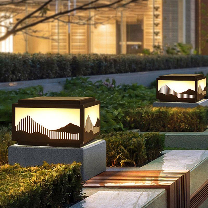 Rectangle Shape Metal Outdoor Lamp Modern Style 1 Light Solar Pillar Light in Brown