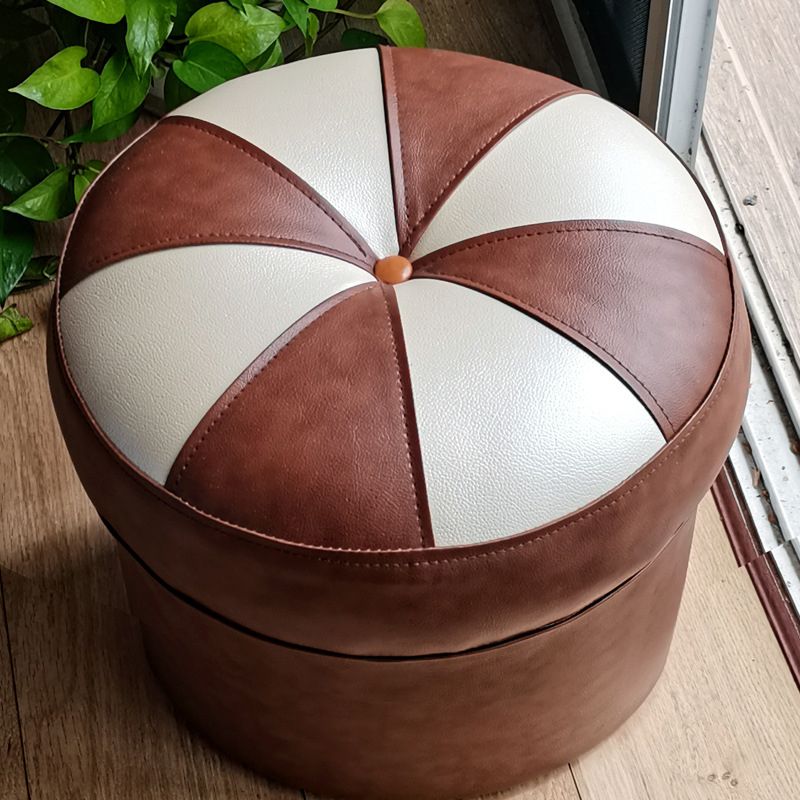 Mid-Century Modern Pouf Ottoman PU Leather Upholstered Tufted Patchwork Round Ottoman