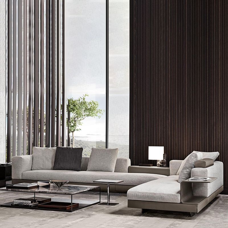 Contemporary Genuine Leather Sofa Square Arm Loose Back Sofa with Table