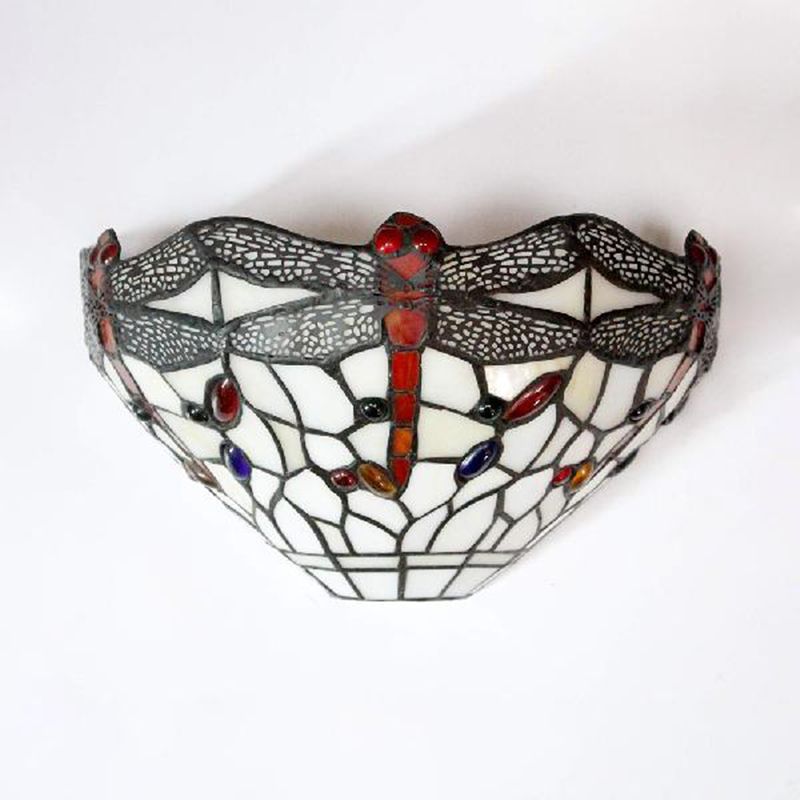 Art Deco Dragonfly Wall Sconce with Bowl Shade 1 Light Rustic Stained Glass Wall Light in White