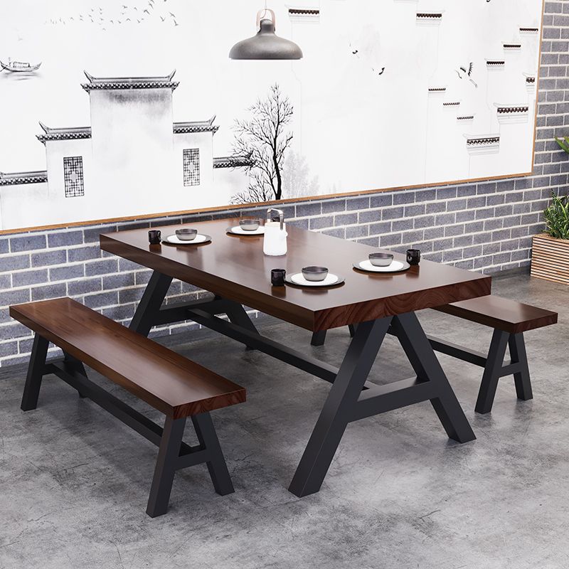 Industrial Solid Wood Dining Table Brown Rectangle Table with Trestle Base for Dinning Room