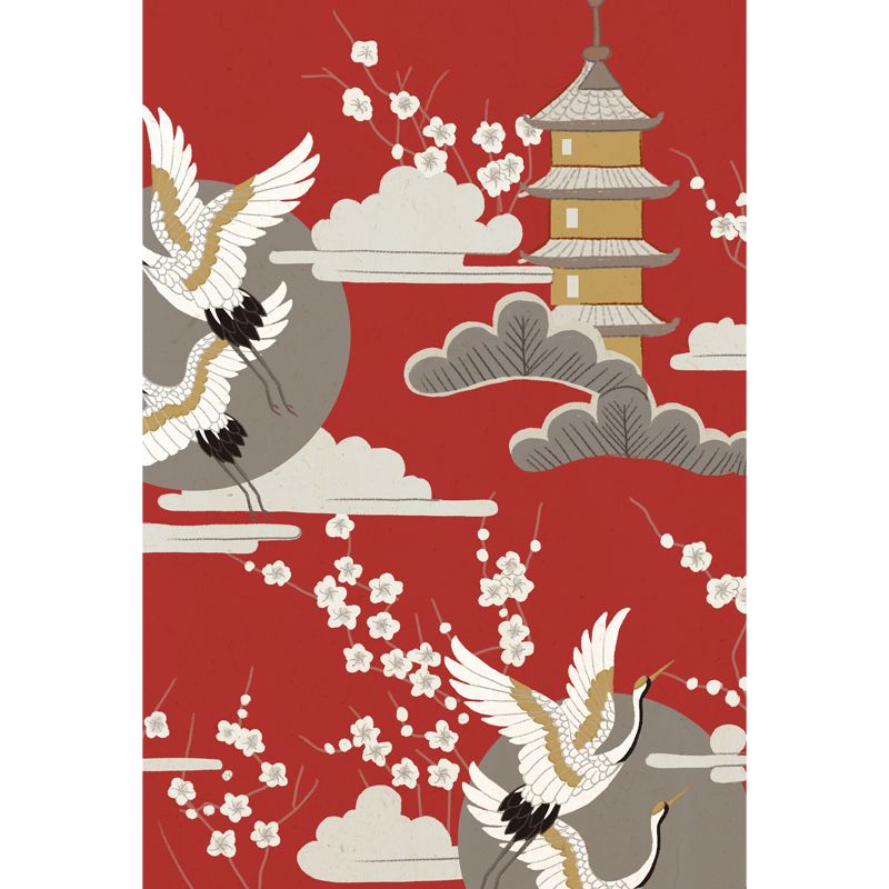 Halcyon and Tower Print Mural Japanese Non-Woven Fabric Wall Decor in Beige on Red