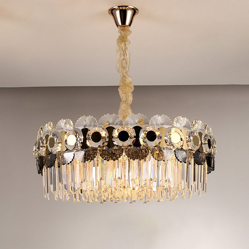 12 Bulbs Clear Crystal Prismatic Chandelier Contemporary Gold Round Living Room Hanging Light