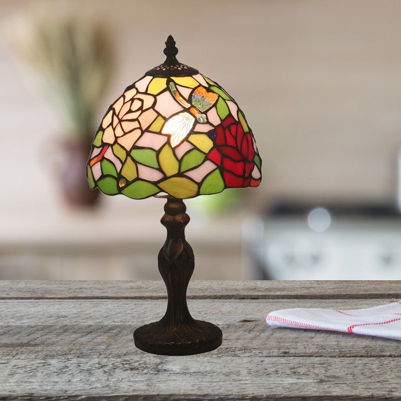 Cut Glass Rose/Lotus Night Table Lamp Baroque 1 Light Red/Pink Nightstand Lighting with Baluster for Bedroom