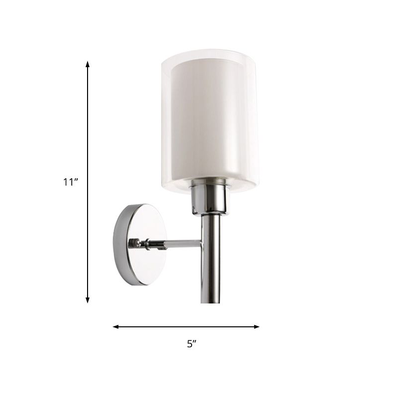 Modern Cylinder Wall Lighting Clear Glass 1 Light Chrome Wall Light with Inner White Glass Shade