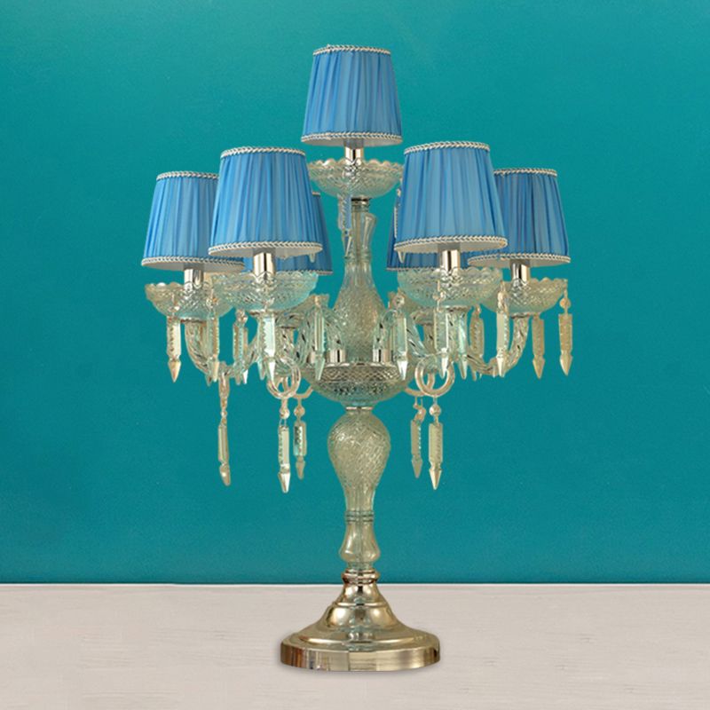 Kristalblauw nachtkastje lamp kandelaar 5/6/7 bollen traditionele slaapkamer tafellicht met vat stof schaduw