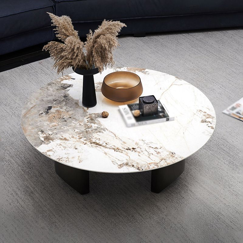 Modern Style Round Coffee Table with Iron Craft Black Base and Rock Slab White Top