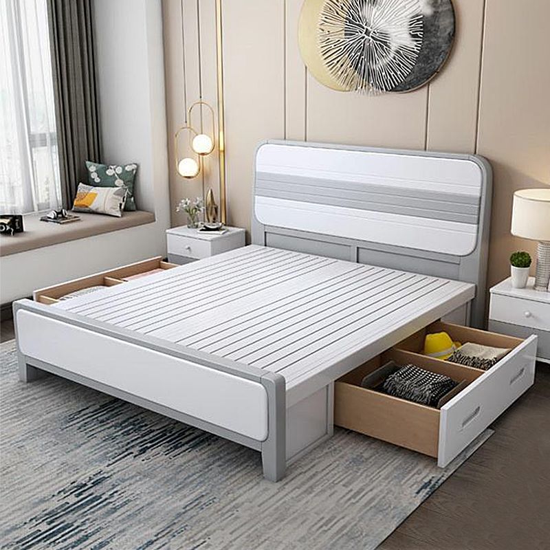 Modern Rubberwood Standard Bed with Rectangle Headboard and Wooden Legs