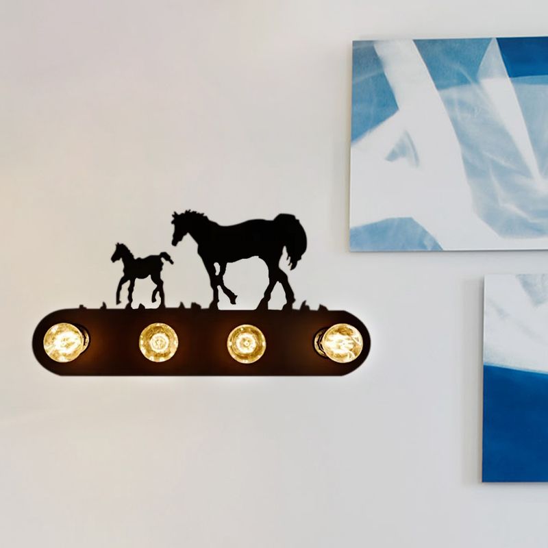 Black Conveyor Belt Wall Light with Horse 4 Lights Antique Metal Sconce Light for Restaurant