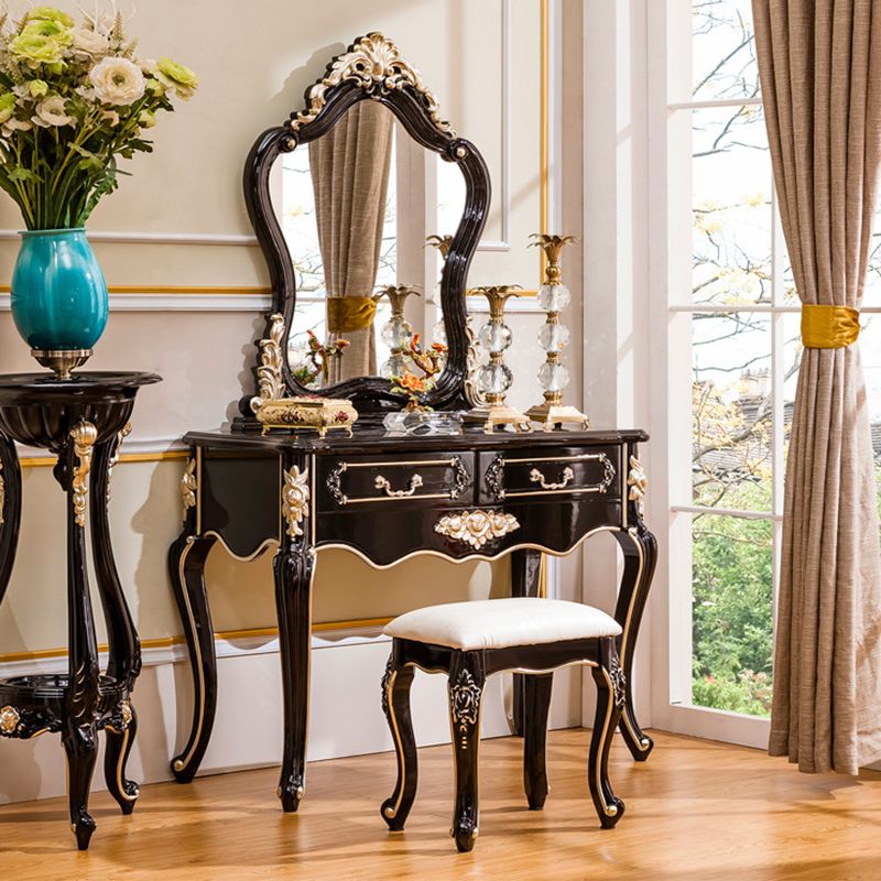 Victorian 2-Drawer Dressing Table Stool Set Solid Wood Vanity Desk