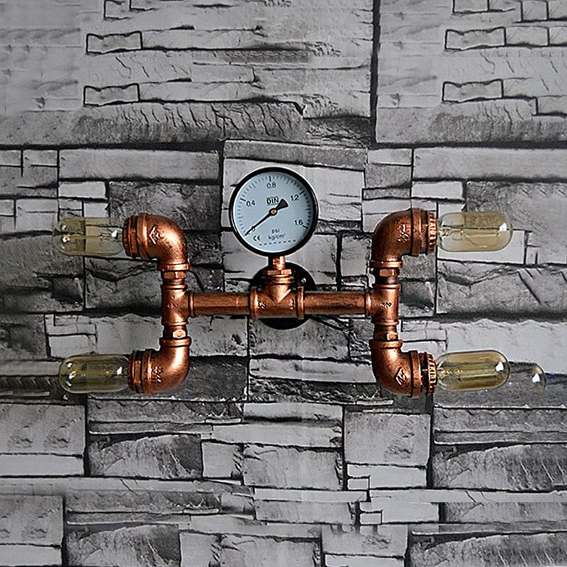 Bare Bulb Dining Room Wall Light Sconce with Gauge Deco Rustic Style Iron 4 Lights Copper Wall Mount Lamp
