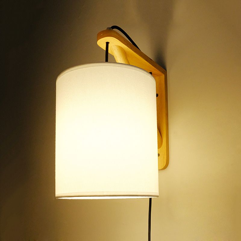 White Cylindrical Fabric Wall Light Sconce Japanese Style 1-Bulb Wood Plug In Wall Mount Lamp