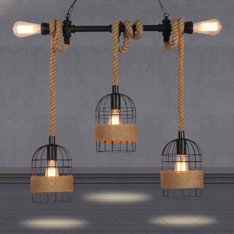 Black 5 Bulbs Island Lighting Factory Metal Birdcage Appeding Candant Light with Jute Rope