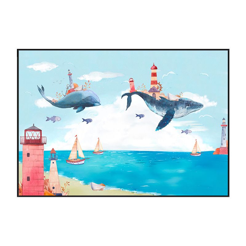 Fantasy Flying Whales Adventure Canvas Kids Style Textured Wall Art in Pastel Blue