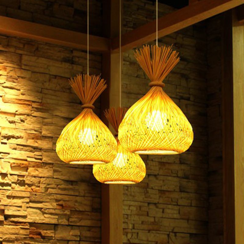 Onion Shaped Dining Room Pendant Bamboo Single-Bulb Asian Hanging Light in Beige