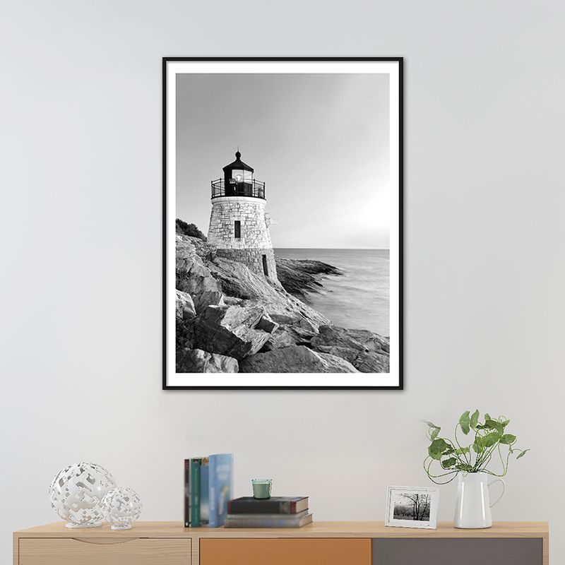 Vintage-Kunstdruck mit Leuchtturm am Meer, Leinwand, graues Gebäude, Wanddekoration, mehrere Größen erhältlich
