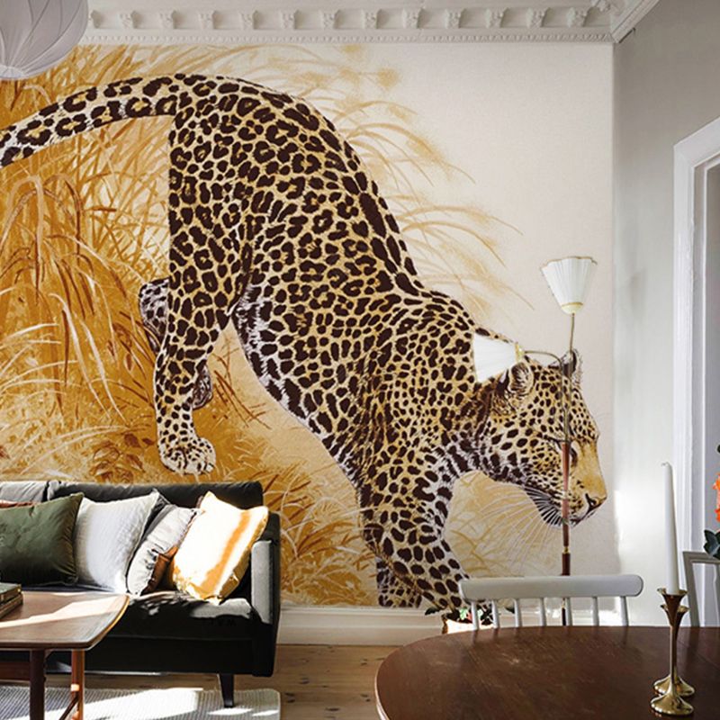 Full Illustration Modern Wall Mural for Home Decoration with Yellow and Black Leopard Design