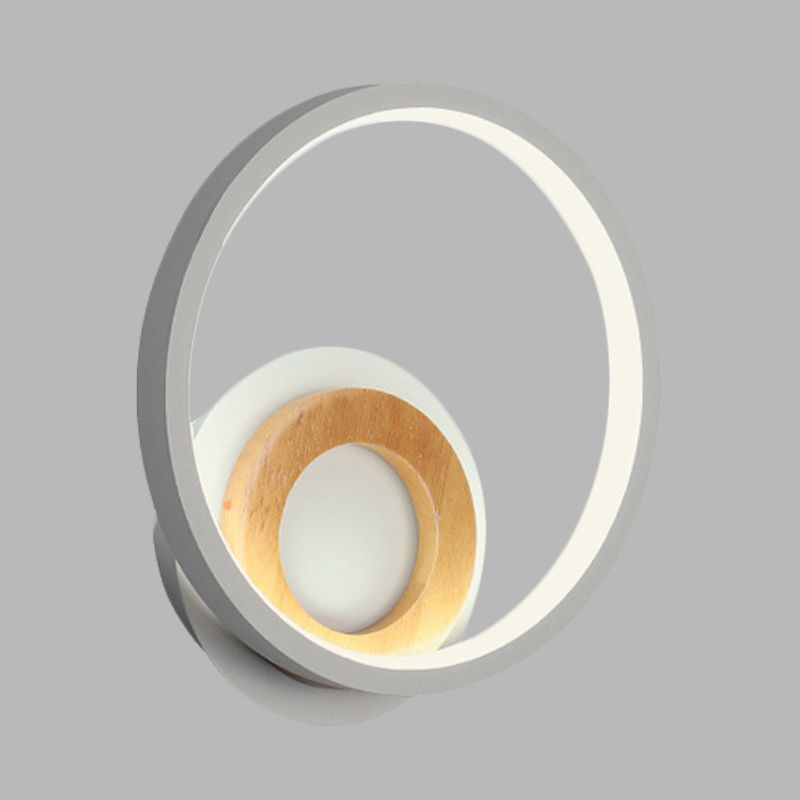 Modernist Ring Wall Sconce Acrylic LED Bedside Wall Mount Fixture in White with Wood Detail, White/Warm Light