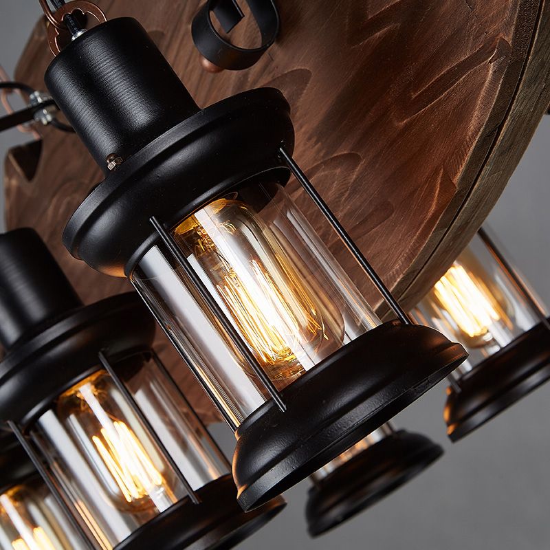 Clear Glass Lantern Island Pendant Country 6-Bulb Dining Room Suspension Light with Wooden Fish Deco