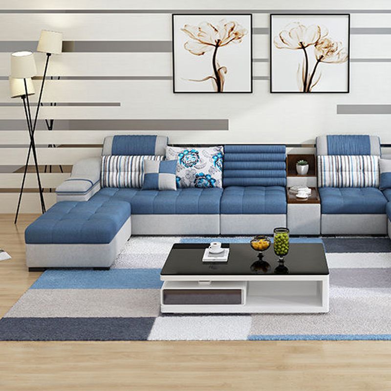 Faux Leather Sofa and Chaise Pillow Top Arm Sofa with Storage in Blue