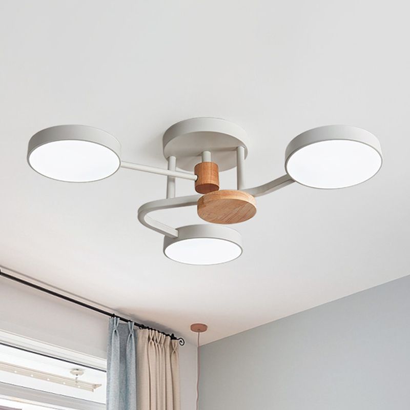 Round Semi Flushmount Lighting Macaron Metallic LED Bedroom Flush Mount Lamp Fixture in Grey/White/Green with Curved Arm