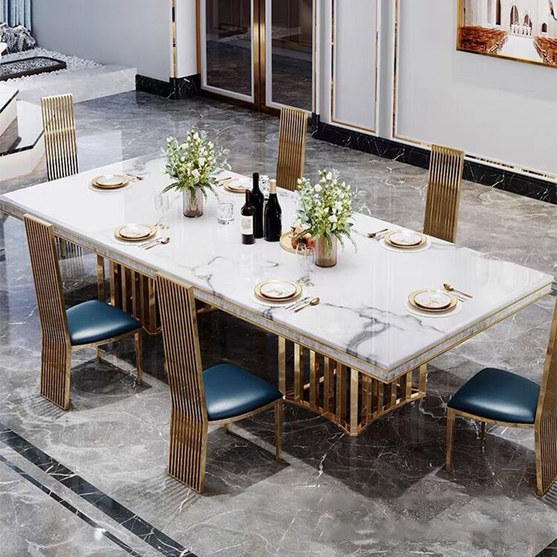 Traditional Luxury Marble Dining Table Rectangle Table with Metal Double Pedestal in Gold
