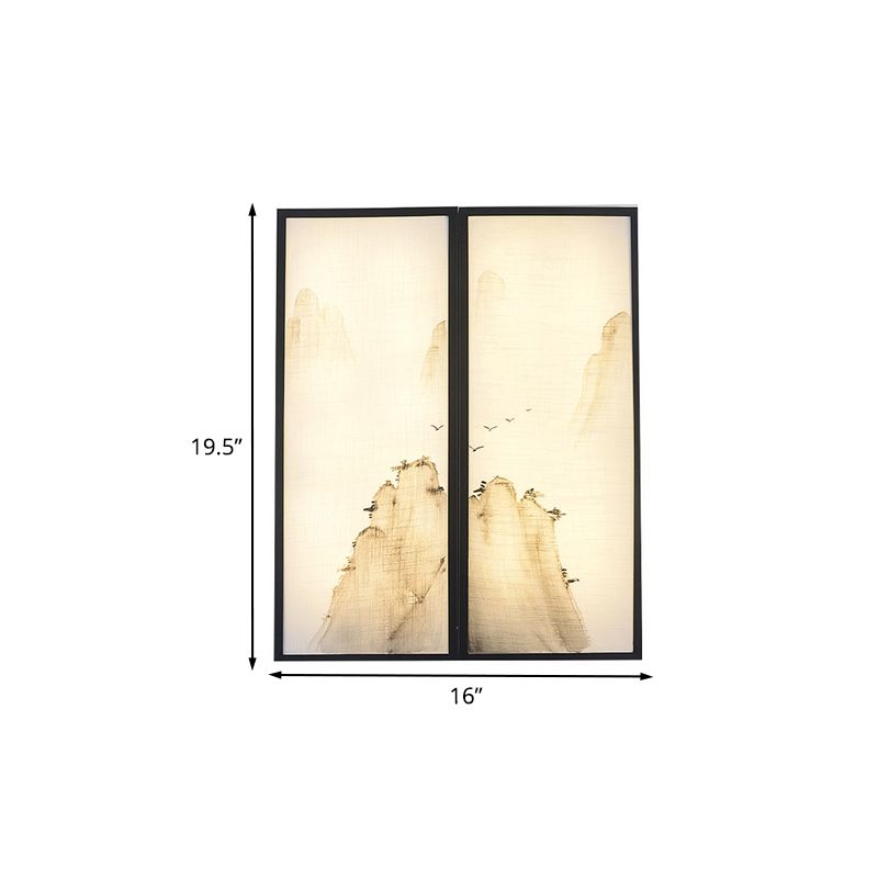 Hills Drawing Bedroom Wall Mural Light Fabric Asian 16"/35.5" W LED Sconce Lighting in Black