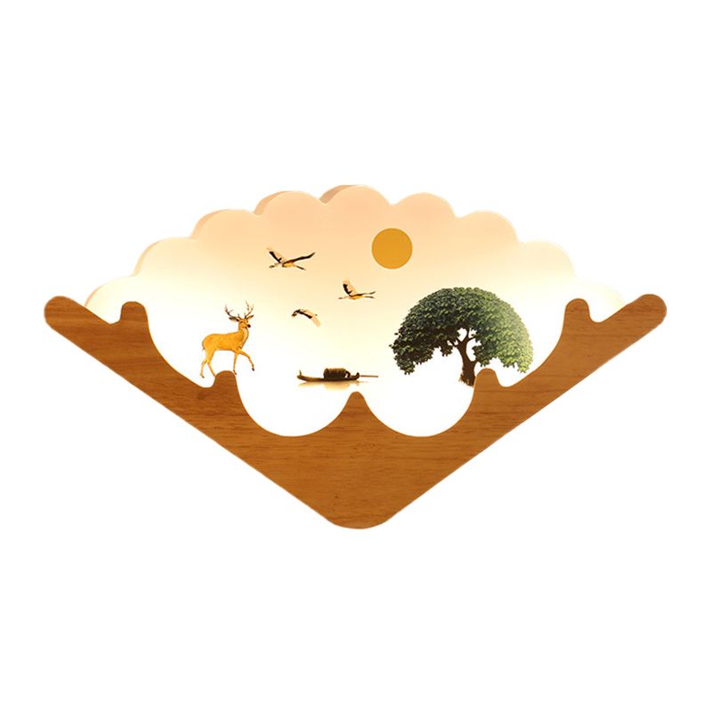 Lampe murale en forme de ventilateur en acrylique Asie LED LED WOOD Mural Mural Lumière avec cerf des wapitis et motif de lac / forêt