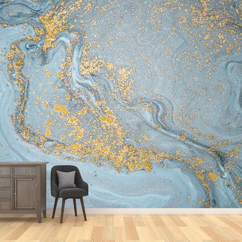 Wave with Shattered Sequins Mural Contemporary Smooth Wall Covering in Blue and Gold
