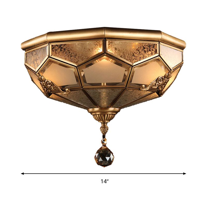 Opal Glass Faceted Dome Ceiling Lighting Chinese Style 3/4-Light Brass Finish Flush Mount Light for Bedroom, 14"/18" W