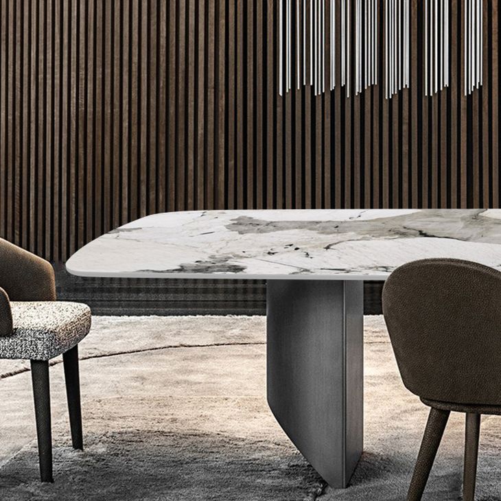 Sintered Stone Top Dining Table Rectangle Table with Grey Metal Base and Double Pedestal