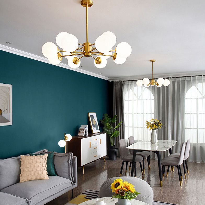 Lámpara de lámpara de araña de vidrio blanco de leche colgante de iluminación de latón contemporáneo para comedor