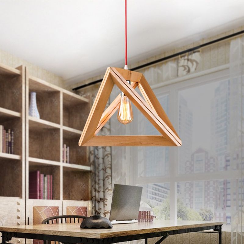 Simple Single Bulb Drop Pendant Beige Triangle Hanging Light with Wood Cage, 12.5"/14.5"/16.5" Width