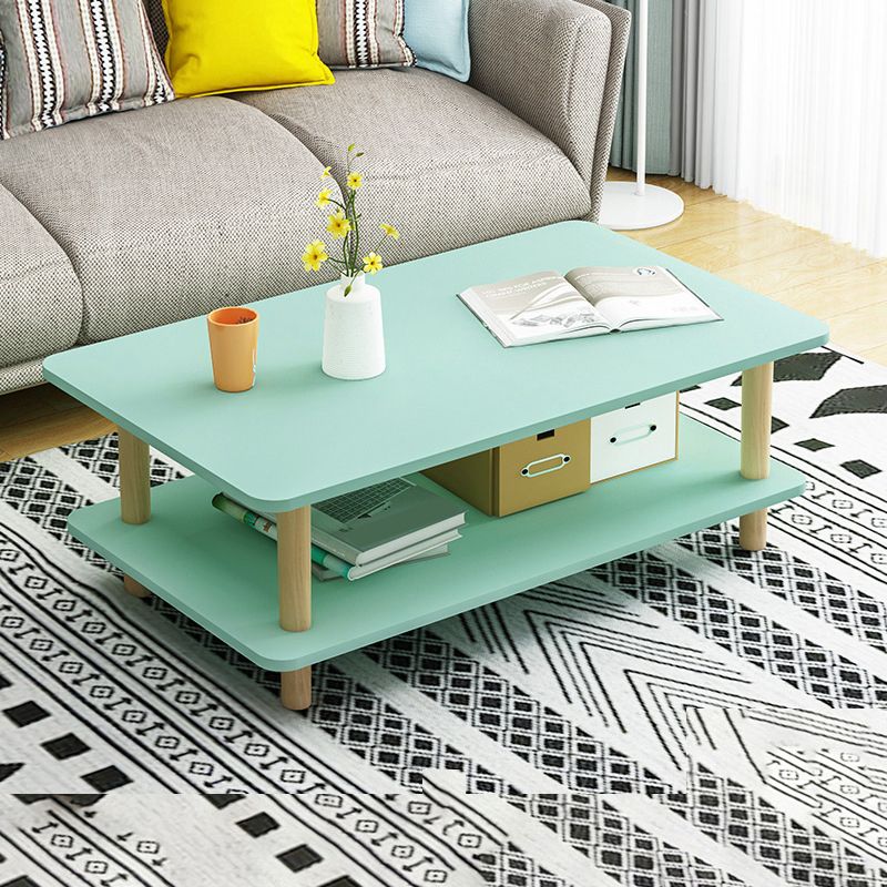 17" H Modern Rectangle Wooden Coffee Table 4 Legs Cocktail Table with Shelf