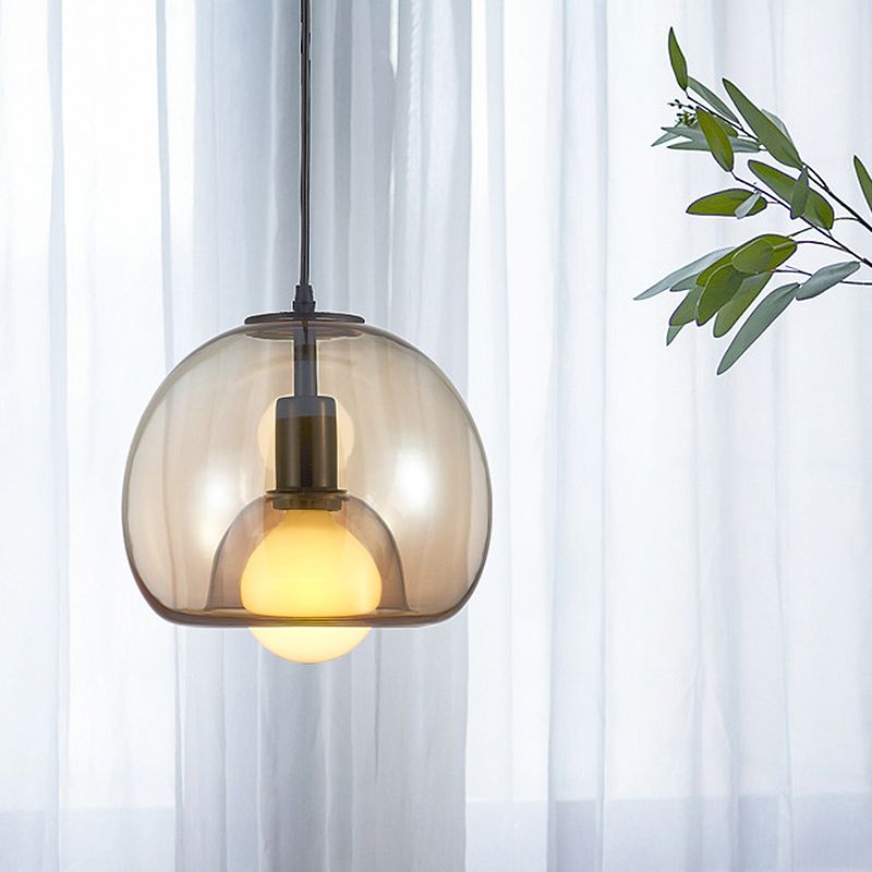 Dome Suspension Pendant Contemporary Amber/Smoke Glass 1 Light Black Hanging Lamp Fixture for Bedroom