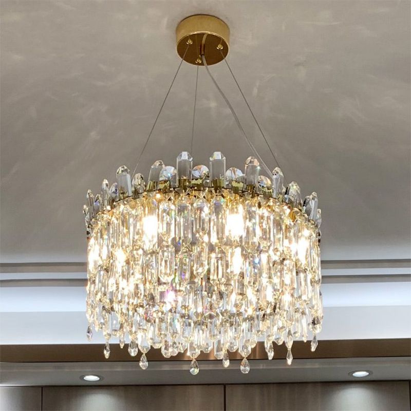 8 Bulbs Round Chandelier Lamp Simple Style Gold Faceted Crystal Drop Pendant for Bedroom