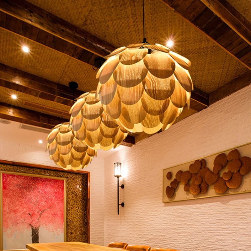 Beige Pinecone Pendant Light Fixture Asian 1 Light Wooden Hanging Lamp for Guest Room