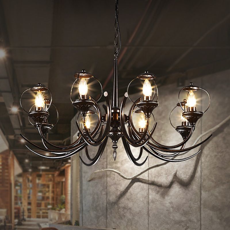 Farmhouse Wire Guard Chandelier Lighting with Curved Arm 8 Heads Iron Hanging Light Fixture in Black
