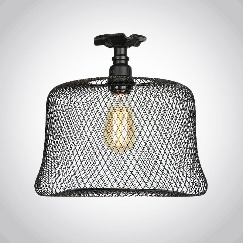 1 Bulb Saucer/Barrel Semi Flush Light Industrial Stylish Black Finish Metal Ceiling Mounted Light with Mesh Screen