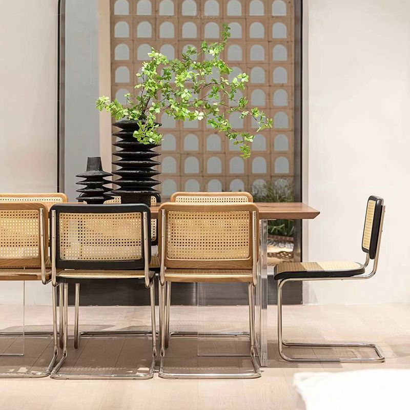 Modern Rectangular Brown Walnut Top Dining Table with Acrylic Clear Double Pedestal