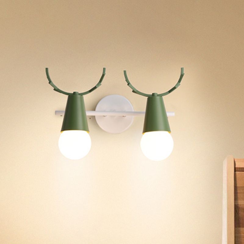 2 Heads Cone Wall Light with Antlers Contemporary Metal Wall Sconce for Study Room