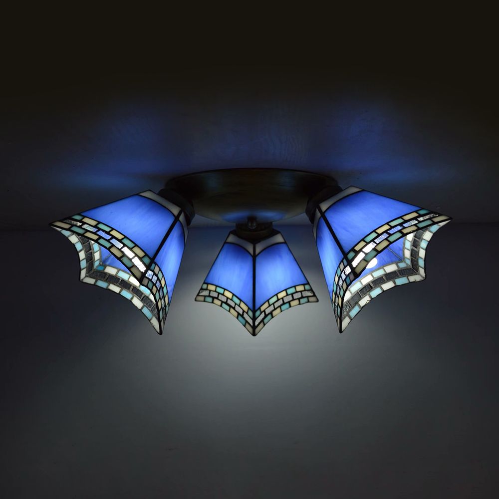 3 Heads Geometric Flushmount Light Vintage Stained Glass Flush Mount Ceiling Light in Yellow/Sky Blue/Pink/Green/Dark Blue for Bedroom