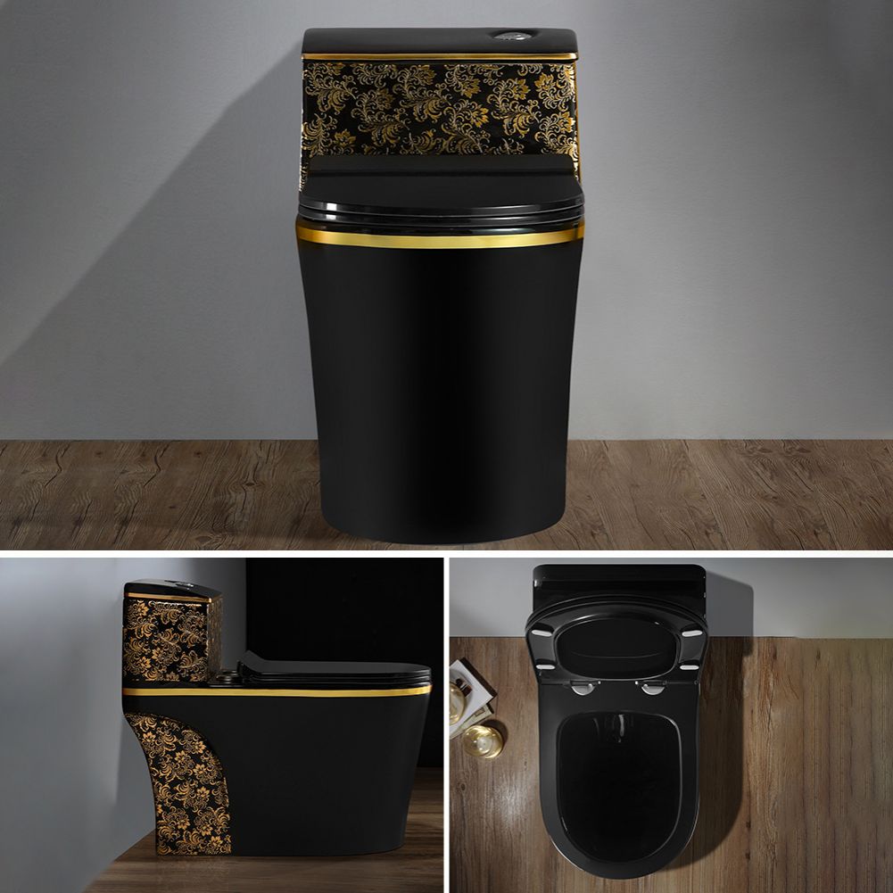 Modern Elongated Toilet Bowl Black and Golden Flush Toilet With Seat for Bathroom