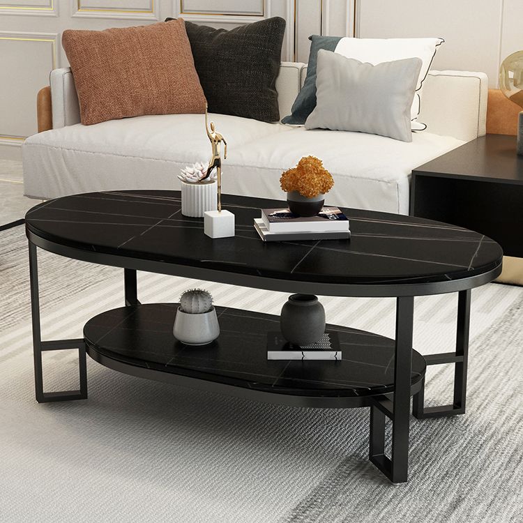 Oval Slate Top Coffee Table Iron 4 Legs Cocktail Table with Shelf