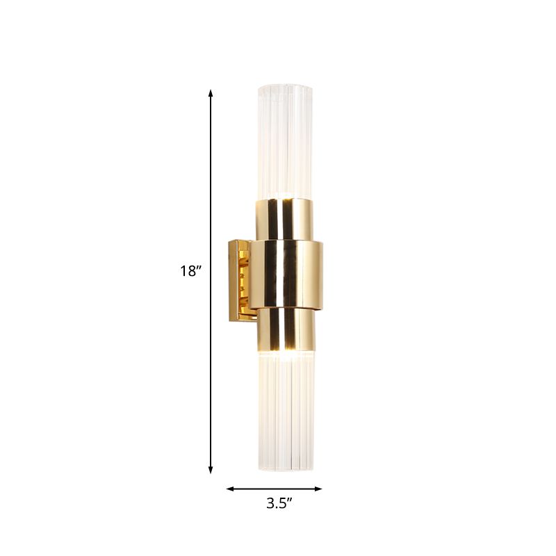 Gold Tubular Wall Light Sconce Post Modern 2 Heads Clear Ribbed Glass Wall Mounted Lamp for Bathroom